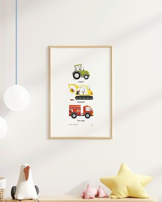 Holliday Illustrates Vehicles Poster - groene tractor, gele hijskraam, rode brandweerauto