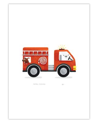 Holliday Illustrates Brandweerwagen Poster A4 Rode brandweerauto