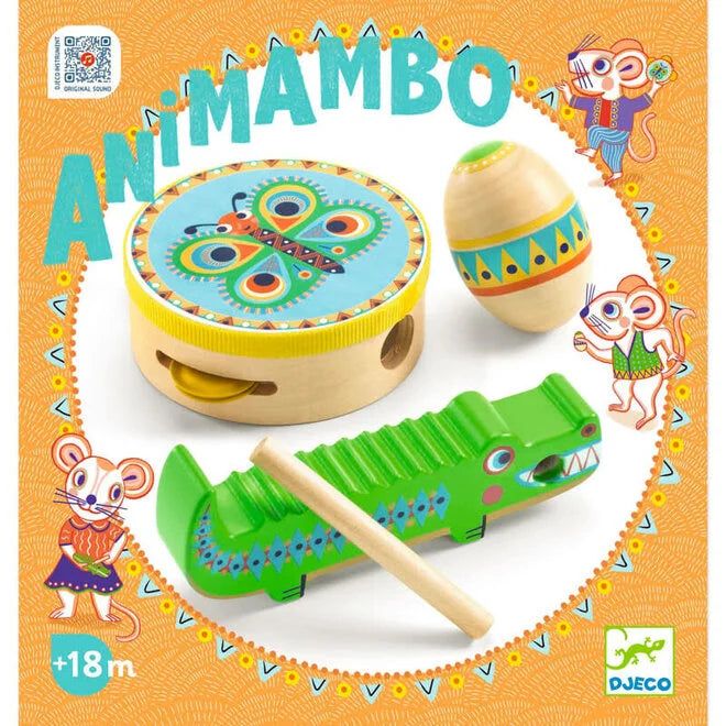 "Djeco Animambo 3-delig percussieset speelgoed in doos verpakking. Oranje doos met kleurrijke houten muziekinstrumenten"