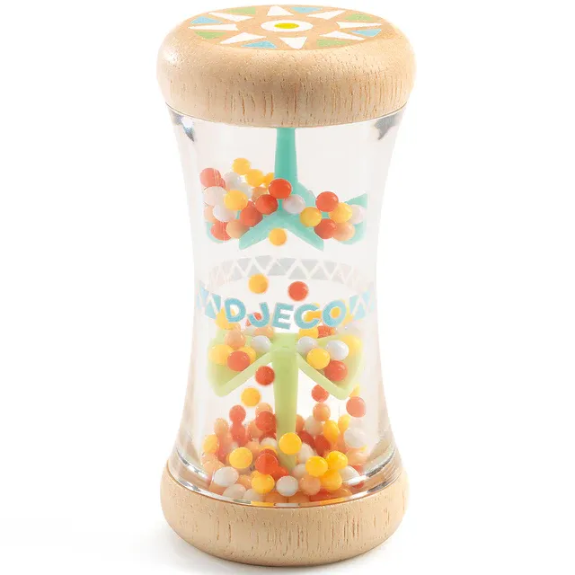 &#39;&#39;Djeco Baby Plui rammelaar: transparante babyrammelaar met kleurrijke kraaltjes die regengeluid maken&#39;&#39;