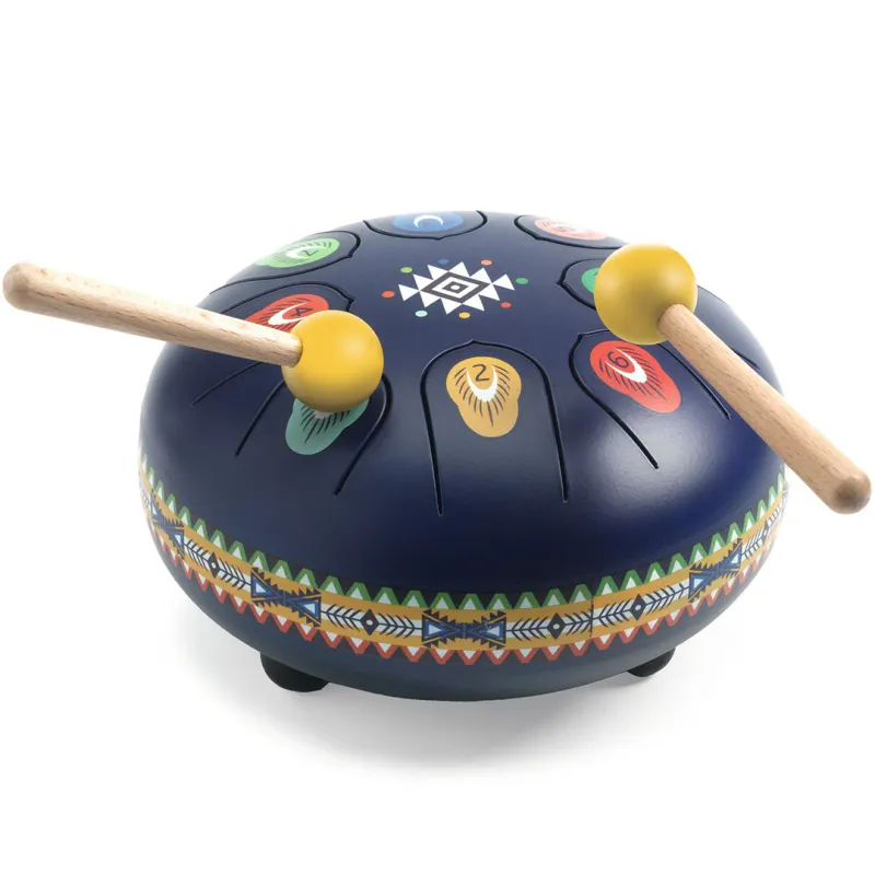 “Djeco Animambo steel drum trommel met kleurige design en twee gele stokjes”