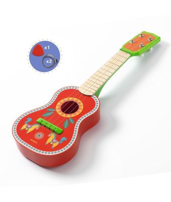 "Djeco Animambo ukulele in kleurrijke stijl. Houten kindergitaar met vier snaren inclusief één plectrum en twee extra snaren"