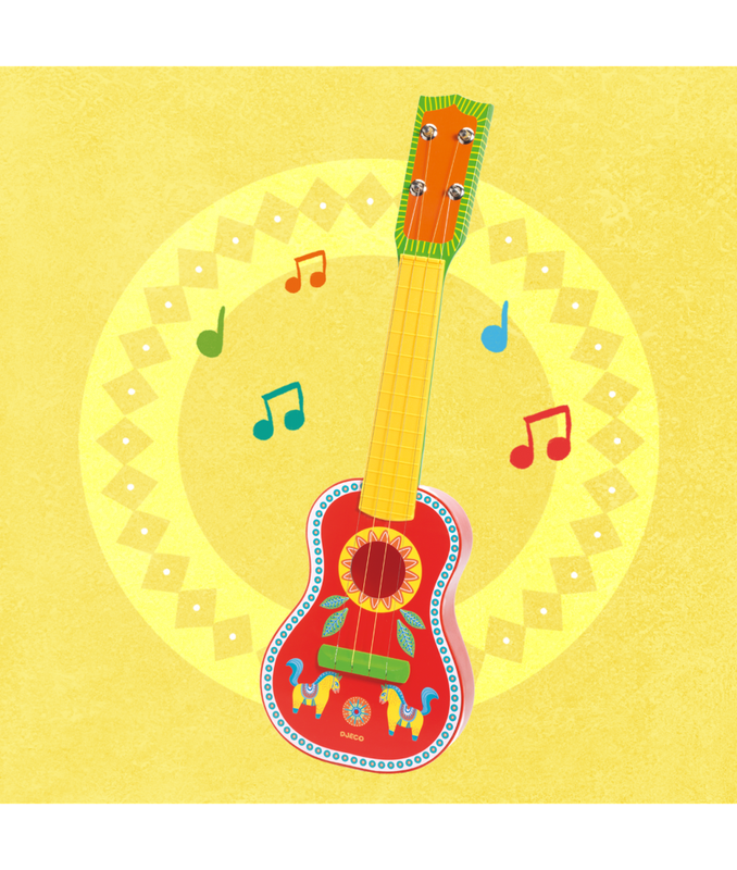 "Illustratie van een rode Djeco Animambo kinderukulele met bloem- en dierenprint, omringd door kleurrijke muzieknoten"