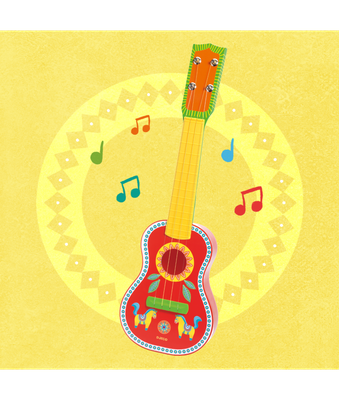"Illustratie van een rode Djeco Animambo kinderukulele met bloem- en dierenprint, omringd door kleurrijke muzieknoten"