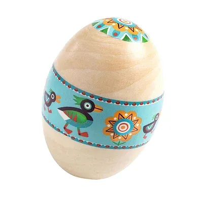 “Houten maracas-ei van Djeco Animambo met turquoise band en kleurrijke vogel- en zonmotief, ontworpen voor jonge kinderen" 