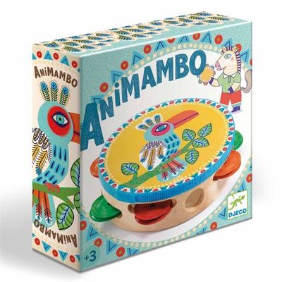 "Djeco Animambo tamboerijn in de verpakking. Leuke dieren illustraties erop staan"