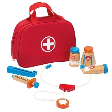 “Jouéco rode dokterstas met accessoires: houten stethoscoop, thermometer, pleister, glasjes en meer.”