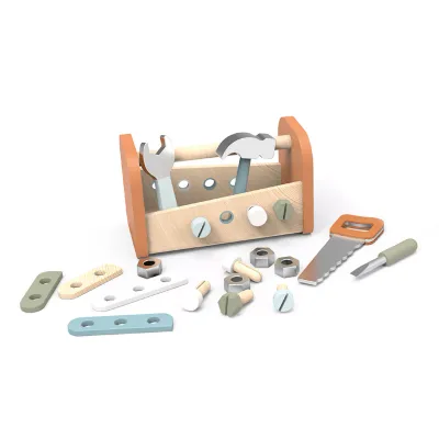 "Speedy Monkey gereedschapskoffer imitatiespeelgoed met close-up van alle houten onderdelen zoals houten hamer en zaag."