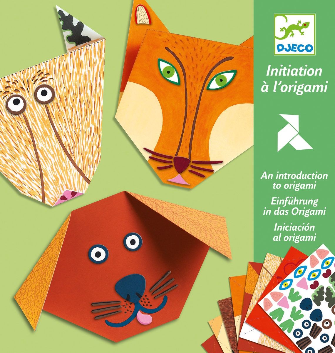 verpakking van Djeco met daarop 3 origami (gevouwen) dieren koppen