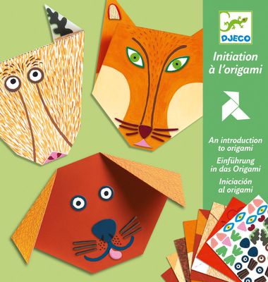 verpakking van Djeco met daarop 3 origami (gevouwen) dieren koppen
