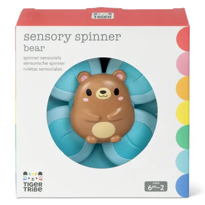 Verpakking van Tiger Tribe sensorisch spinner beer, geschikt voor kinderen van 6 maanden tot 2 jaar.