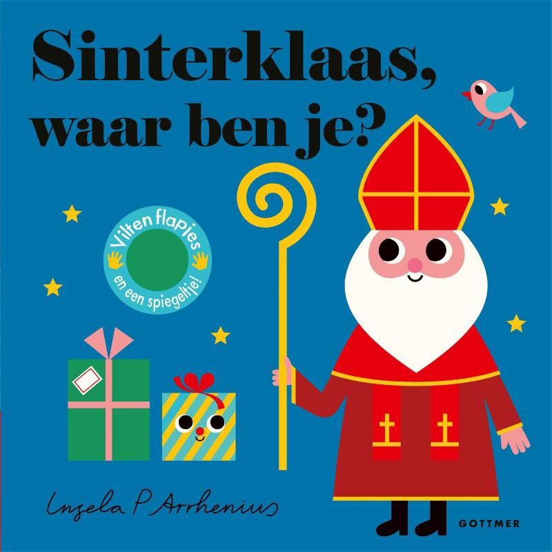 Voorkant van Sinterklaas waar ben je? prentenboek. Blauwe voorkant met gele sterretjes voor kinderen vanaf 18m
