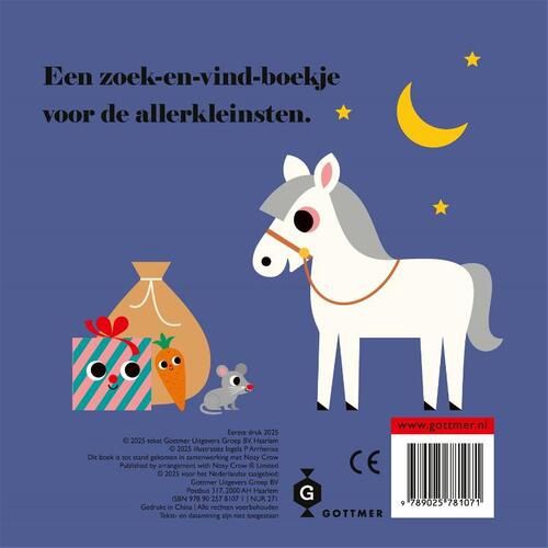 Achterkant van Sinterklaas waar ben je? prentenboek. Indigo-achtig achtergrond met een ezel, maan en sterretjes. 