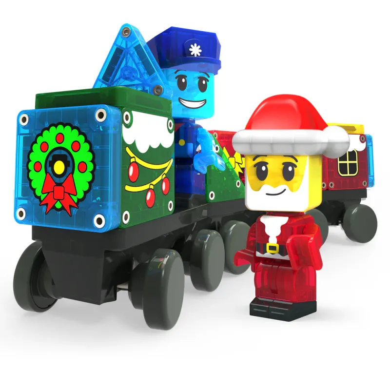 Close up van de figuren in de adventskalendar speelgoed. Er is een kerstman en een politieman figuur op een groene trein.