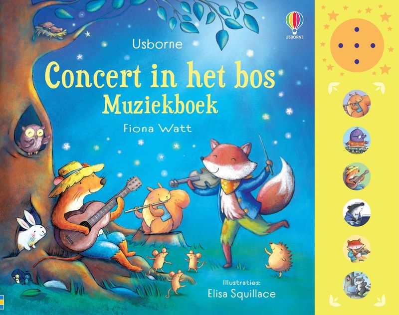 Voorkant van Concert in het bos Muziekboek. Kleurrijke voorkant met gele knoopjes, vrolijke geïllustreerde vosjes met sterren