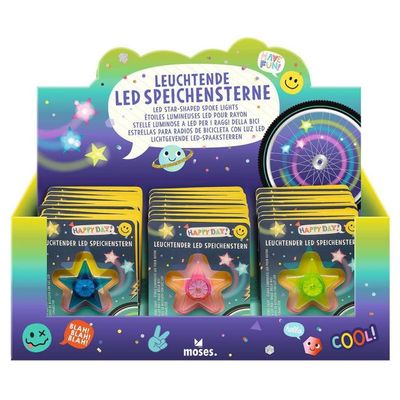 Display met de 3 soorten spaak led verlichting erin. groen, roze en blauw