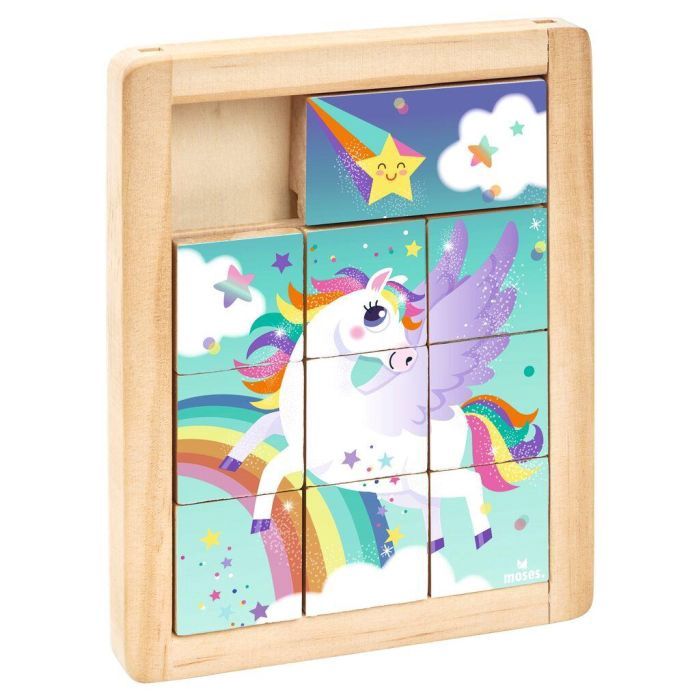 houten schuifpuzzel van 9 stukjes met een unicorn erop afgebeeld