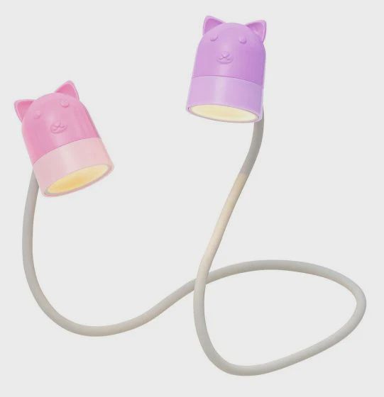 het kinder led leeslampje ene lampje is paars en andere is een roze dieren hoofdje