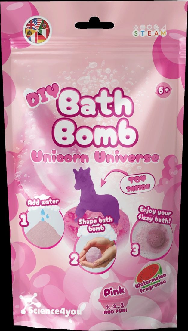 paars roze verpakking met daarop een unicorn die je bij de bath bomb krijgt