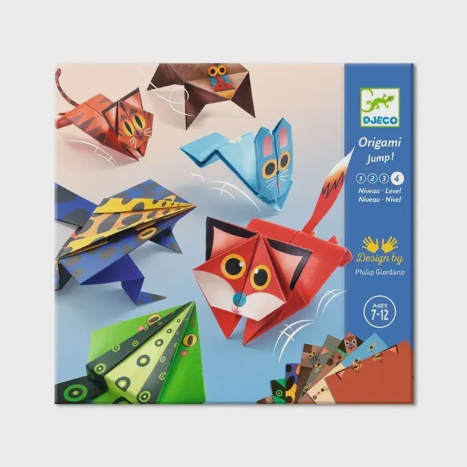 Voorkant van de origami verpakking met diverse diertjes die je er mee kunt vouwen op afgebeeld