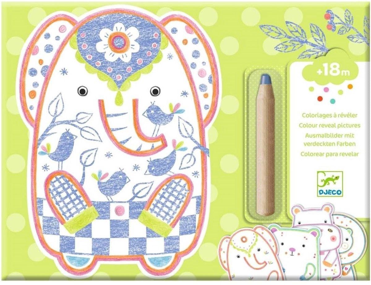 voorkant verpakking met daarop een grote schattige olifant en dikke kleur potlood er bij