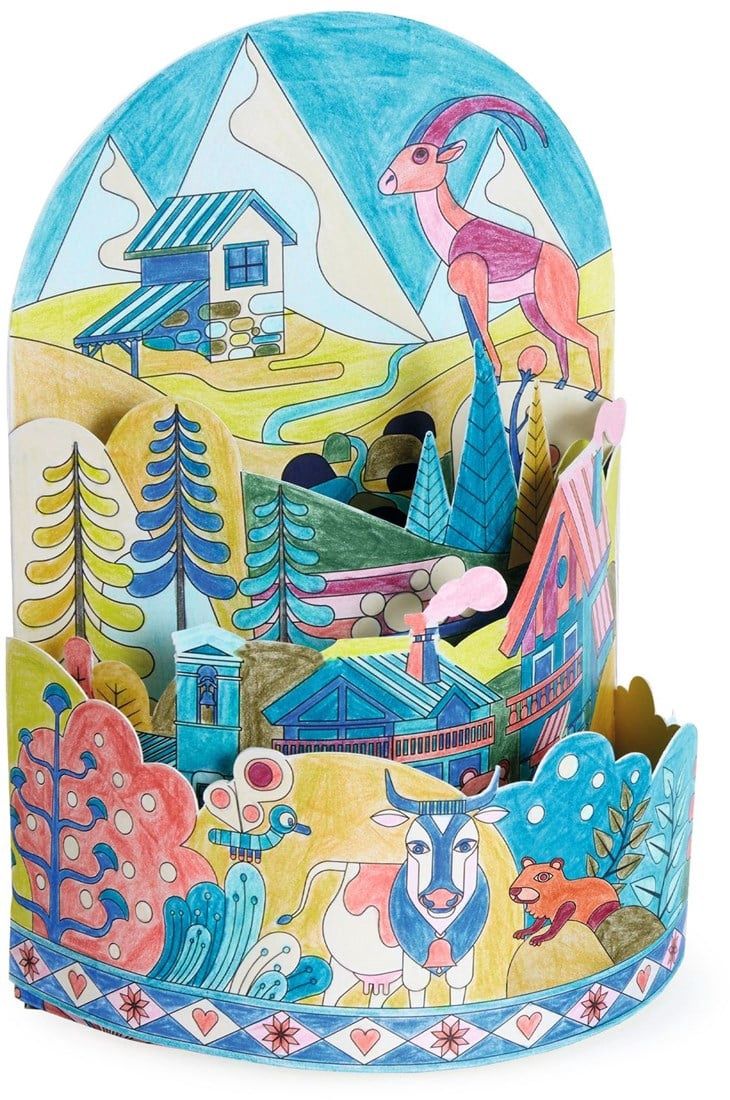 3 dimensionale berg in mooie kleuren met bomen, koeien en huizen