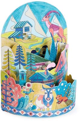 3 dimensionale berg in mooie kleuren met bomen, koeien en huizen