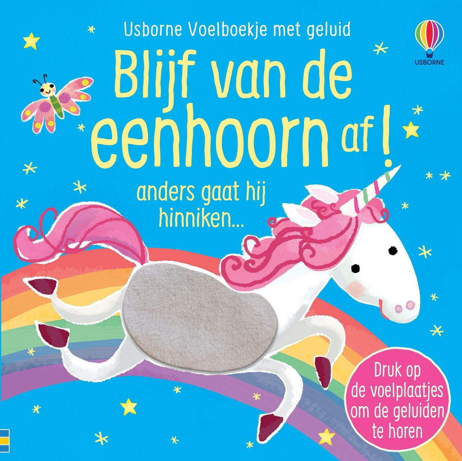 Voorkant boek met tekst blijf van de eenhoorn af! en ook een grote eenhoorn erop afgebeeld