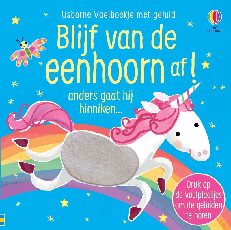 Voorkant boek met tekst blijf van de eenhoorn af! en ook een grote eenhoorn erop afgebeeld