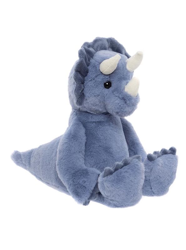 Zij aanzicht Charlie Bears Troy the Triceratops knuffel in lieve blauwe kleur