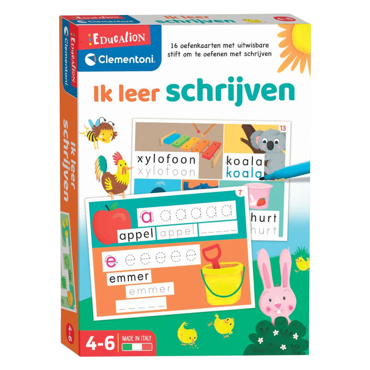 Spel verpakking ik leer schrijven met wat teksten die nageschreven moeten worden om te leren schrijven (dient als voorbeeld)