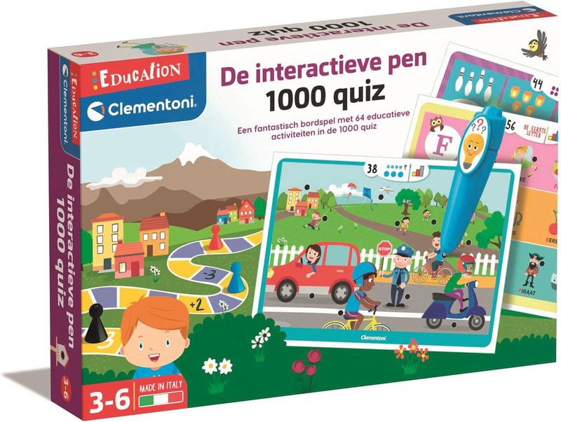Clementoni bordspel doos met spelboord op de voorkant en de interactieve pen met voorbeeld kaart waar je de pen op moet doen