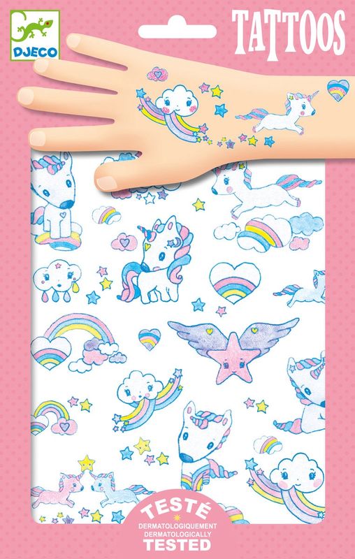 Verpakking waarop een aantal tattoos zichtbaar zijn van de glitter eenhoorns die je kunt aanbrengen