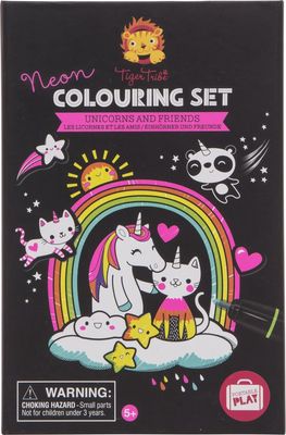 verpakking met daarop een unicorn en andere diertjes met een unicorn uitstraling in prachtige neon kleuren.