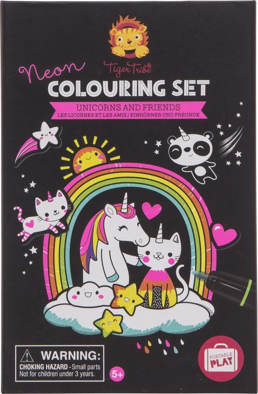 verpakking met daarop een unicorn en andere diertjes met een unicorn uitstraling in prachtige neon kleuren.