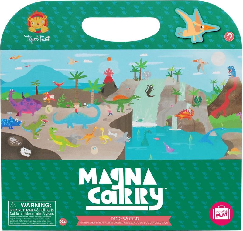 Voorkant verpakking met daarop de dino wereld waar dinosaurussen op staan die in de wereld geplakt kunnen worden