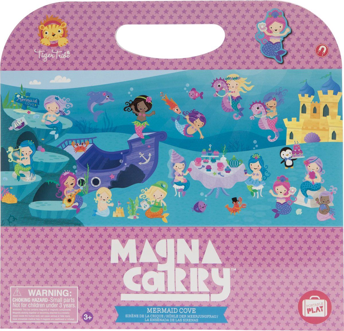 voorkant verpakking met daarop onderwater zeemeerminnen, gezonken boot en wat zee diertjes