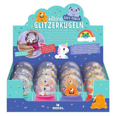 display met de 4 soorten sneeuwbollen, monster, unicorn, regenboog en axolotl
