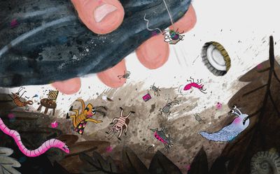 een hand die iets oppakt waardoor de diertjes eraf vallen en door de lucht vliegen