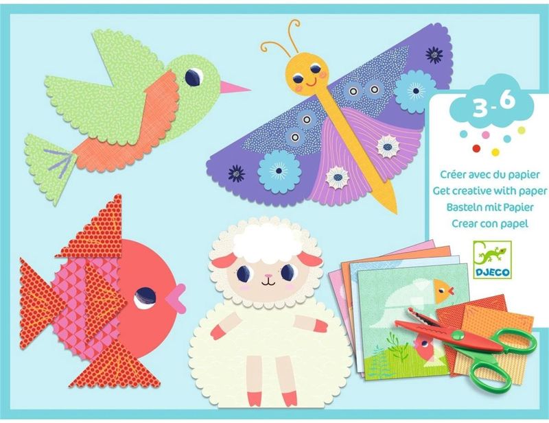 Voorkant verpakking met een aantal diertjes erop die geknutseld kunnen worden