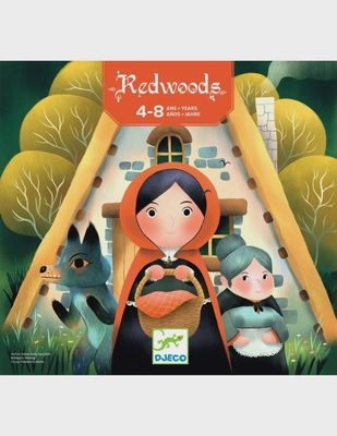 Prachtige bordspeldoos met roodkapje, oma en de wolf afgebeeld voor een huisje