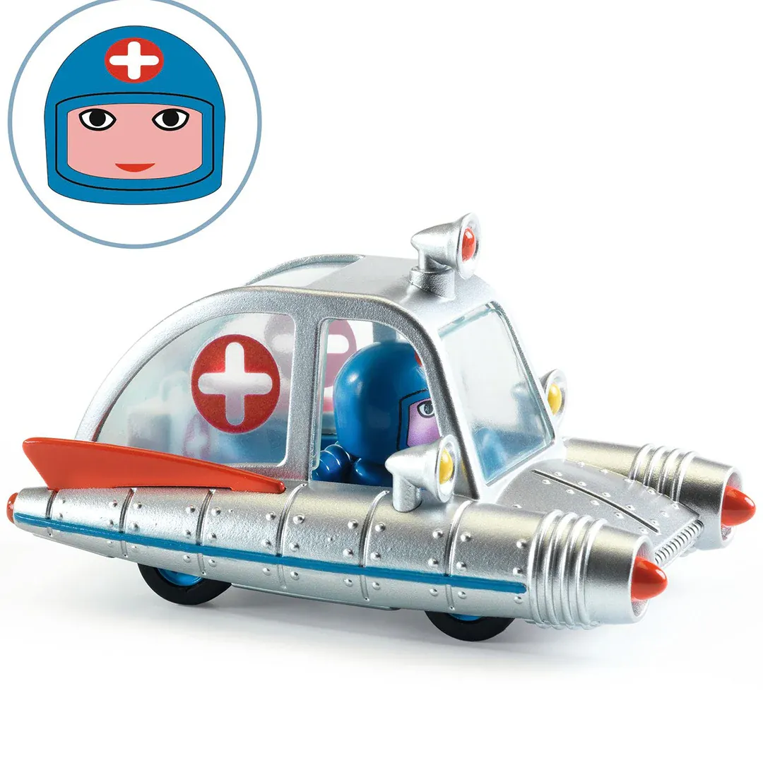 Djeco Crazy Motors silvere speelgoedauto met poppetje in het auto.