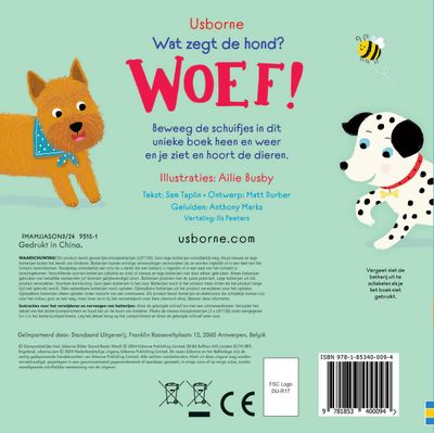 Achterkant van het boek waar WOEF op staat en ook 2 honden afgebeeld