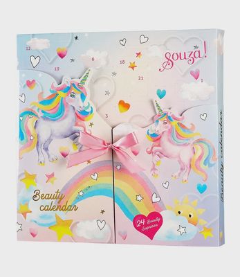 De prachtige doos van Souza met unicorns en een regenboog erop afgebeeld