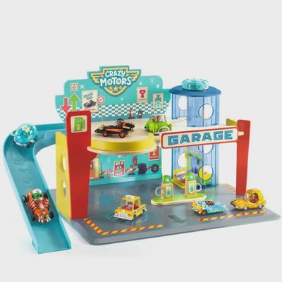 Speelgoed autogarage crazy motors met diverse autos erop