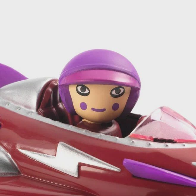 Djeco Crazy Motors Miss Burgundy speelgoedauto personage van dichtbij