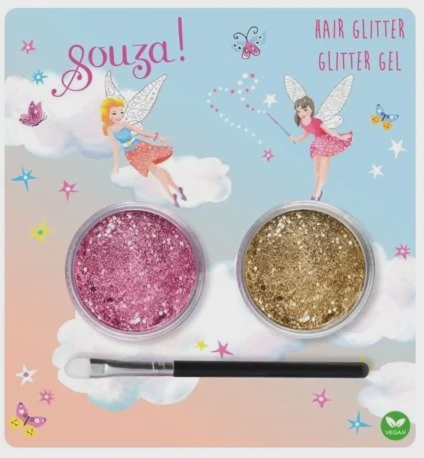 Souza Haar Glitter Set – verkleden
 roze en goud met kwastje