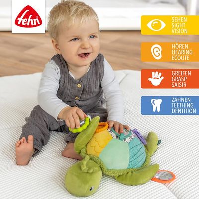 Fehn Activity Zeeschildpad XL baby speelgoed wat ontwikkelt de baby hiermee word hier aangegeven.