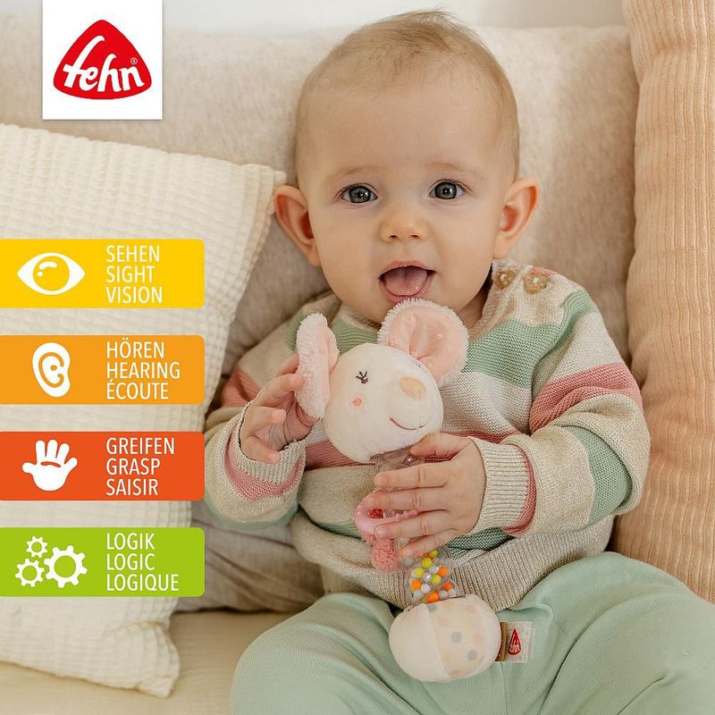 Fehn Regenrammelaar Muis baby speelgoed, wat ontwikkelt de baby hier allemaal mee 