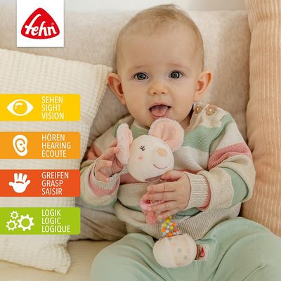 Fehn Regenrammelaar Muis baby speelgoed, wat ontwikkelt de baby hier allemaal mee 